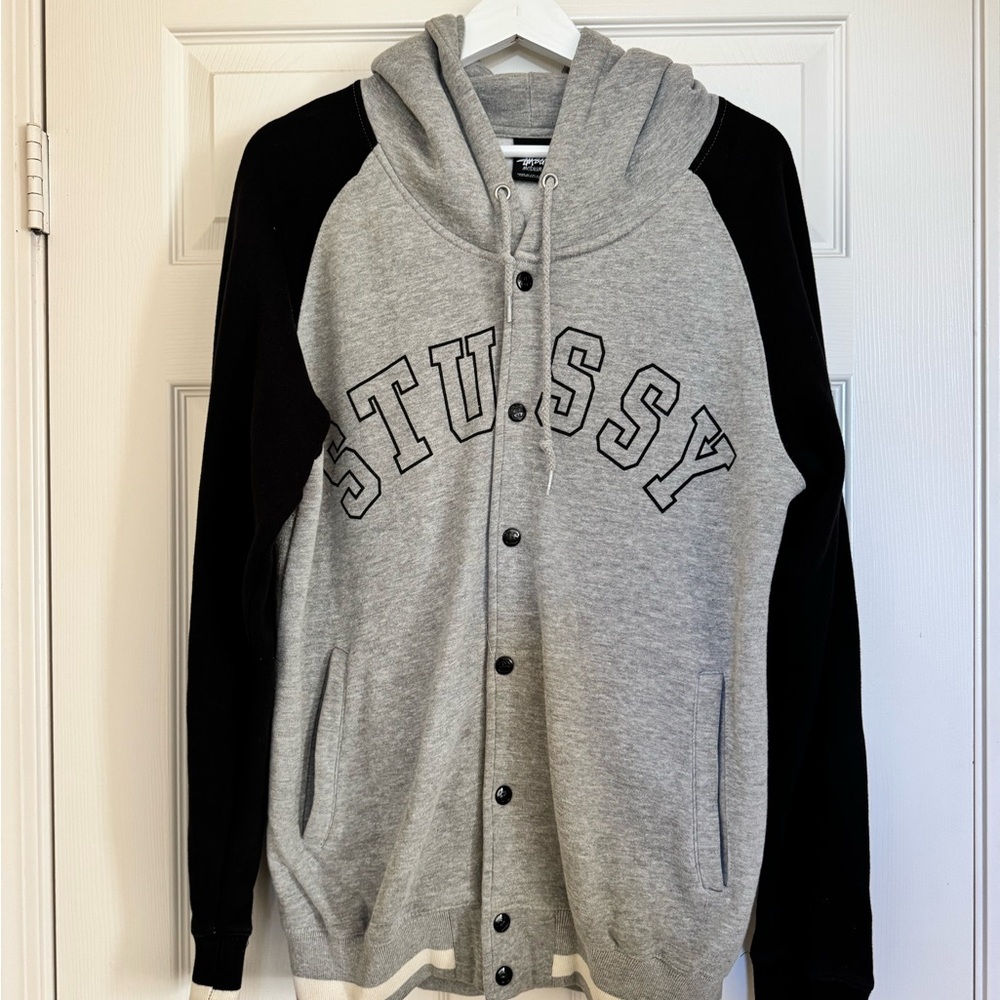 Stussy Grey and Black Snap-Up Hoodie Jacket
